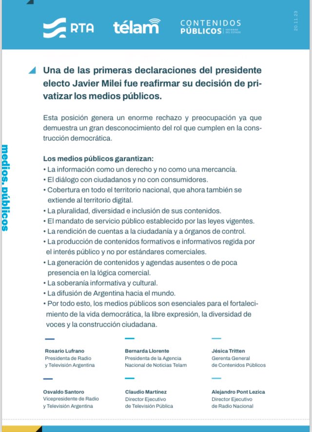 Nacional_StaFe's tweet photo. 📢Comunicado de las tres empresas de medios públicos ante los dichos del presidente electo de privatizarlos. https://t.co/3eNwkQ2SwZ