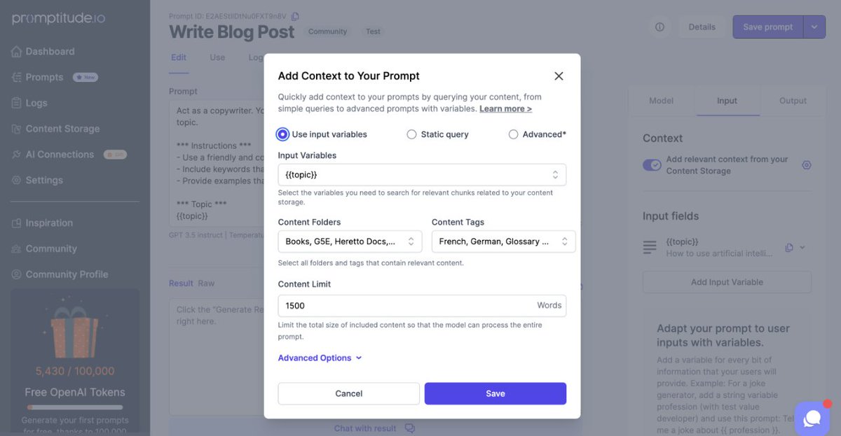 Promptitude_io's tweet image. Struggling to add context to your #prompts? 🤔 Say hello to Promptitude&apos;s new Add Context feature!

With just one click, you can now effortlessly enhance your prompts by tapping into Promptitude&apos;s powerful #ContentStorage.