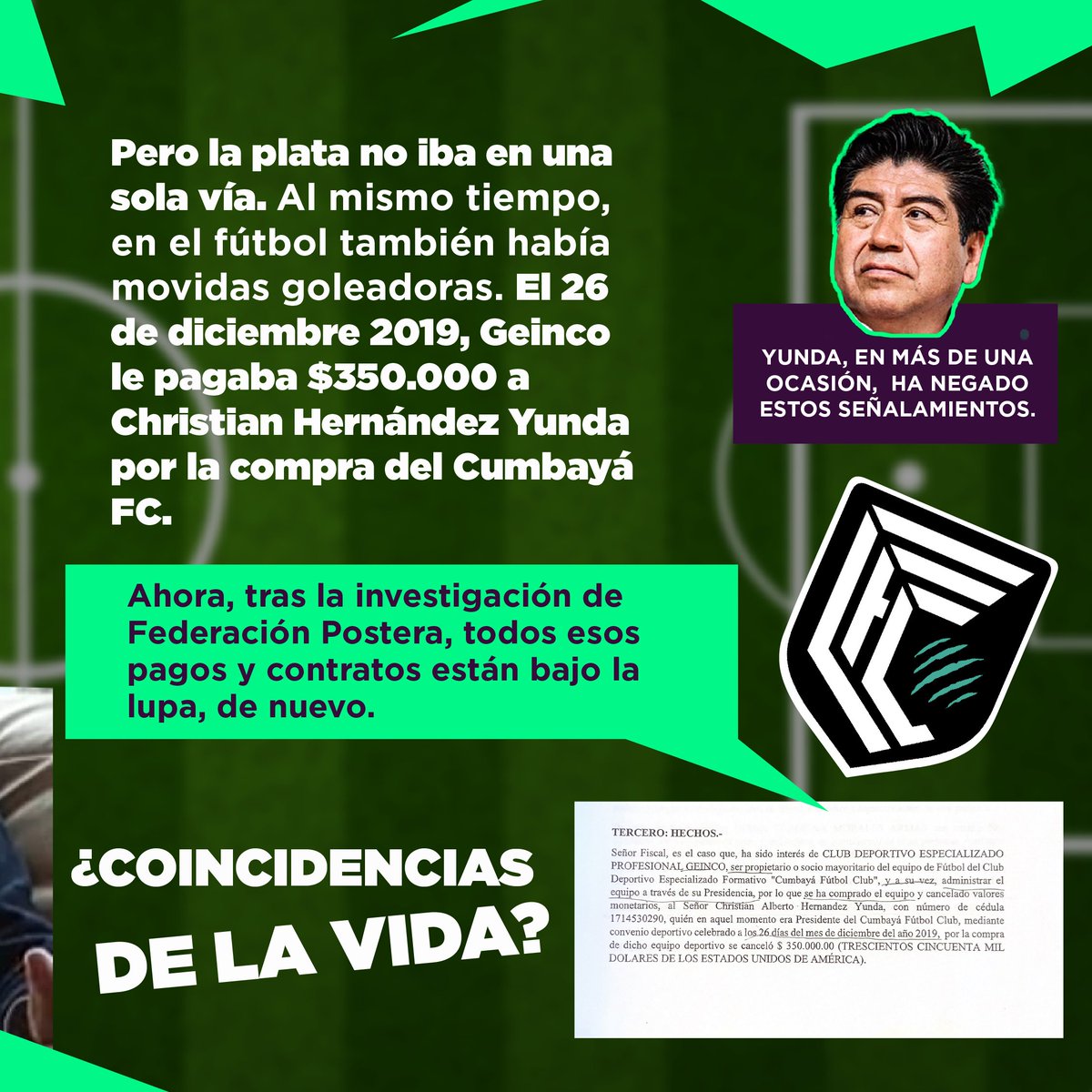 FedePostera's tweet photo. En diciembre de 2019, Geinco le vendió el #CumbayáFC al primo de Yunda, Christian Hernández. Al mismo tiempo, el exalcalde le entregó $57 millones a #Geinco en contratos con el Municipio de Quito, de forma directa e indirecta. https://t.co/BhDrDrZ1Mv