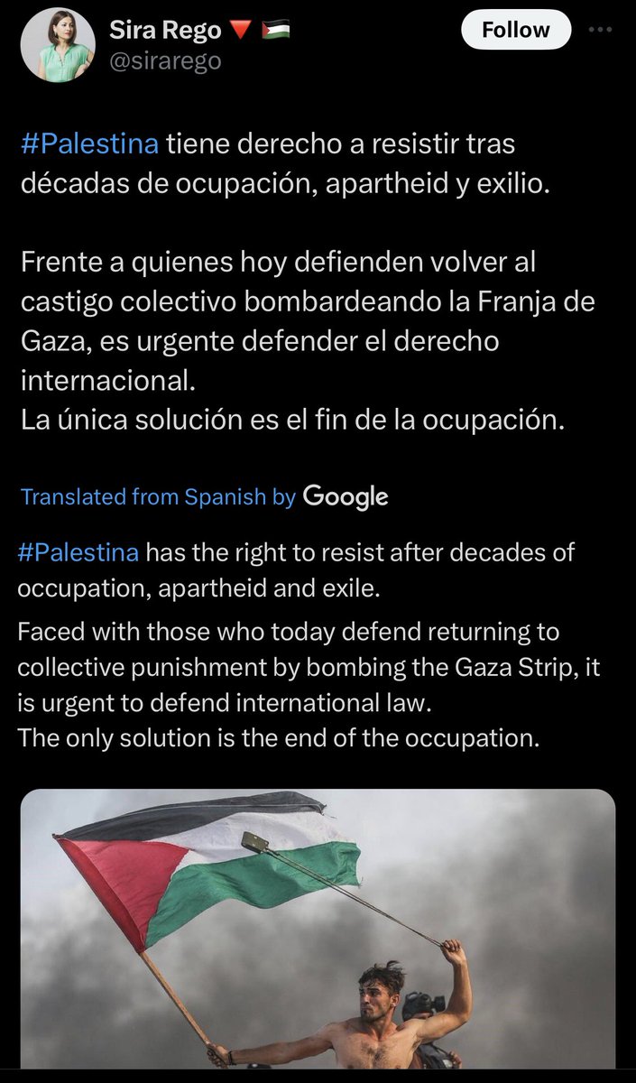 visegrad24's tweet photo. Spanish Prime Minister Pedro Sanchez is about to make Sira Rego the country’s Minister of Youth for the next 4 years.

On October 7th, she reacted to the Hamas Massacre by writing that Palestinians:

“have the right to resistance.”

What will she teach the Spanish youth?

🇪🇸 https://t.co/RcSrKMkZq2