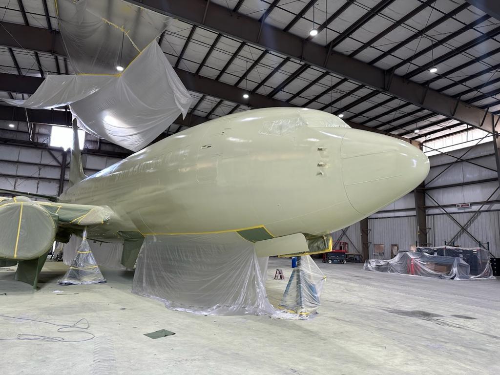 Our BBJ Project is currently undergoing an all-new paint job! 🛫 Here's a couple photos behind the scenes of the paint job in the works 🎨 Stay tuned to see the final result when it arrives at our hangar! #vipcompletions #boeing #bbj #custompaintjob #intheworks