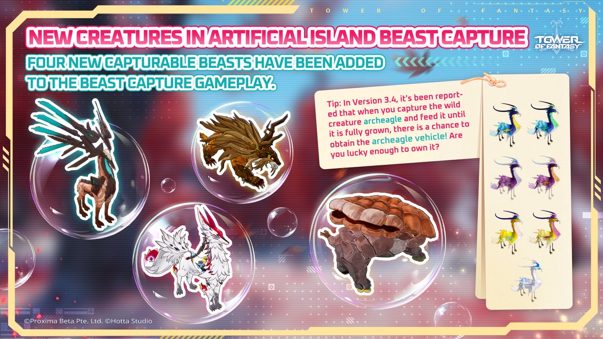 ToF_EN_Official's tweet photo. Artificial Island Update: New Beasts are on the horizon!

Four new capturable beasts have been added, can you get them all? 🧐

Want a secret chance to get a free vehicle? We even have a special tip just for you! 👇

#TowerofFantasy https://t.co/kKvrXXKFy6