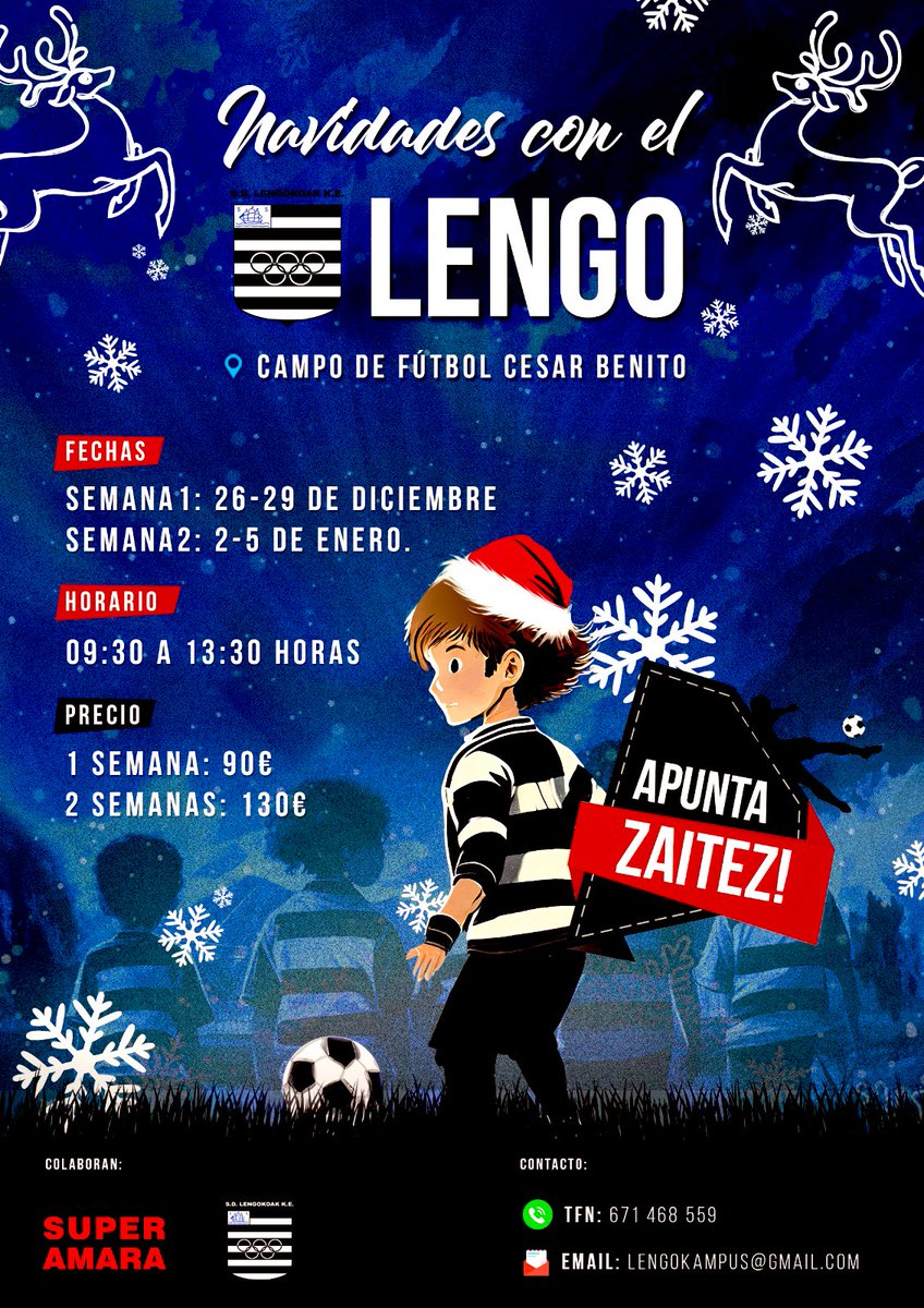 🎄 𝙉𝙖𝙫𝙞𝙙𝙖𝙙𝙚𝙨 𝙘𝙤𝙣 𝙚𝙡 𝙇𝙚𝙣𝙜𝙤 🎅🏼

Vuelve el mejor campus para disfrutar estas navidades con tus amigos y amigas jugando al fútbol ⚽️ 

🗓️ 26 al 29 de diciembre | 2 al 5 de enero
🧒🏻👧🏼 Campus mixto

Inscripciones en ⬇️

✉️lengokampus@gmail.con
📞671468559