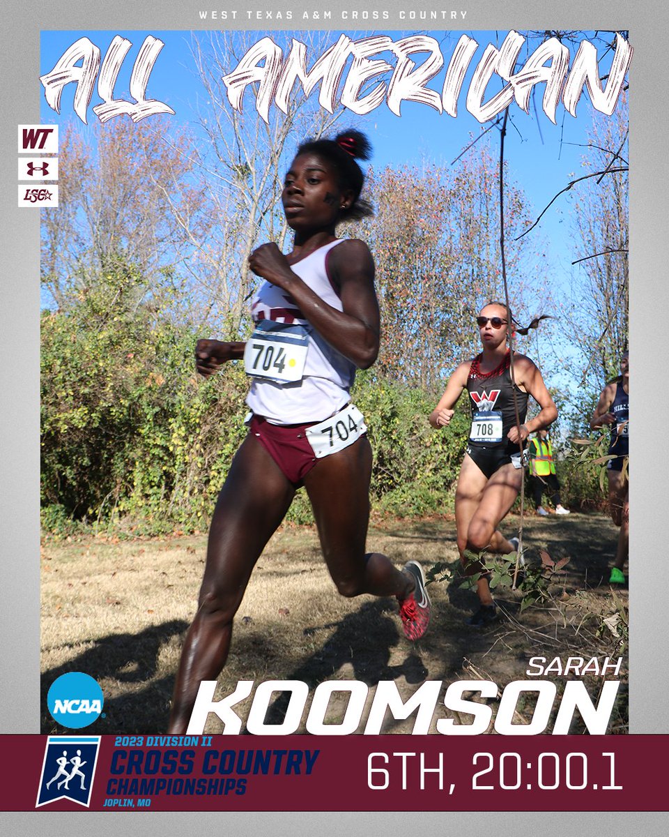 WTAMU_XCTF's tweet photo. Sarah Koomson is an All-American and only the second freshman in WT XC history to claim the honor!
#BuffNation #InDanielwetrust #WeMove #ncaaxc https://t.co/0hMRewF8Zy