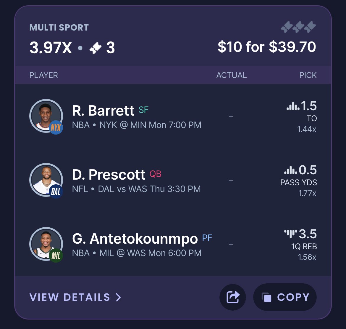 WolvesPropPicks's tweet photo. Dak Promo Pairing 🐺🤝

Barrett ‘O’ 1.5 TO
Giannis ‘U’ 3.5 1Q REB 

#GamblingTwitter #SleeperPicks #NBAprops #DFS #NBA #sleeperNBA https://t.co/jUCJVRCNd6