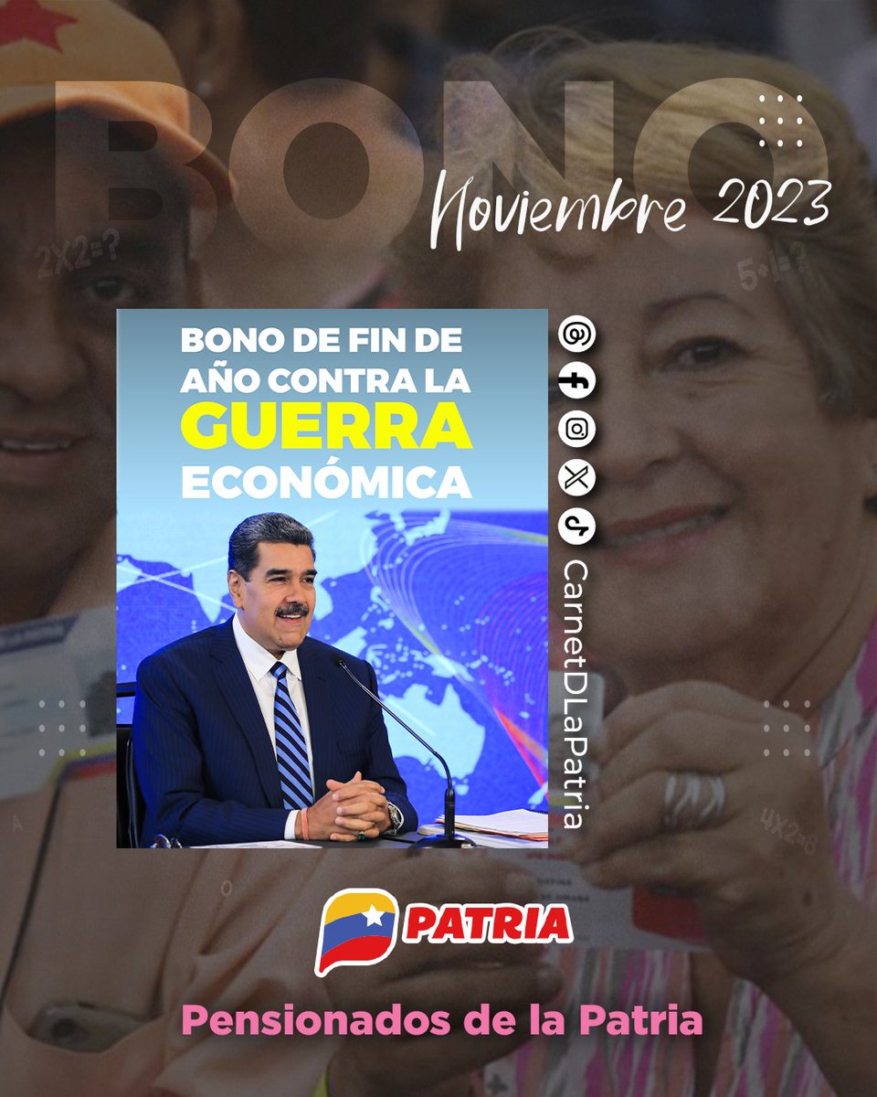 Inicia el pago del #BonoContraLaGuerraEconómica Noviembre 2023, aprobado por el presidente @NicolasMaduro, a través de la #PlataformaPatria. Dirigido a pensionad@s, como parte del esfuerzo para proteger el bienestar social del pueblo. #ExitosoSimulacroPorVenezuela #20Nov