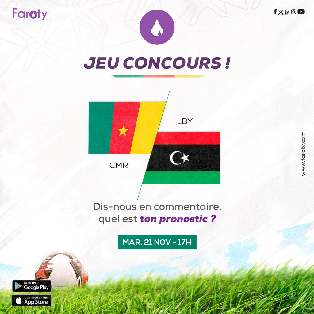 farotyMe's tweet photo. Le continent va encore frapper 🦁 

 🇨🇲🇱🇾Qui donnera le bon pronostic pour ce match ??? 

Les 02 personnes première personne avec le bon pronostic gagneront KOLO!!! chacune! 💸🎉

🚨 Résultats jeudi à 12h ! 

#jeuconcours  #LionsIndomptables #matchday #Cameroon  #CMRLBY https://t.co/zTPwl6BaKC
