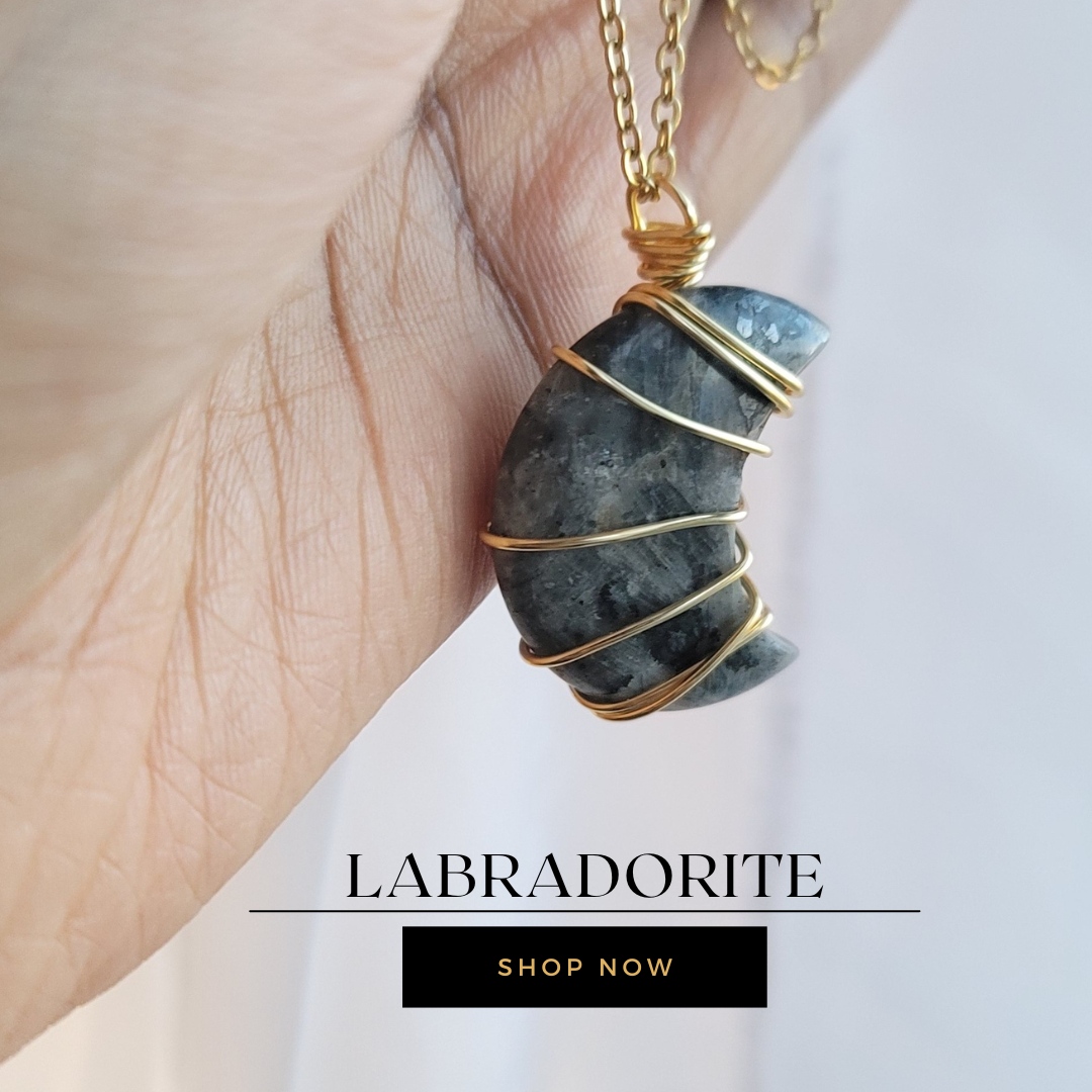 The power of 🔮labradorite crystal🔮 is like no other! Our copper wire wrapped labradorite half moon shaped pendant necklace is perfect for manifesting and amplifying your spiritual energy. 🌙 #labradorite #manifesting #amplify #spiritualenergy 💎