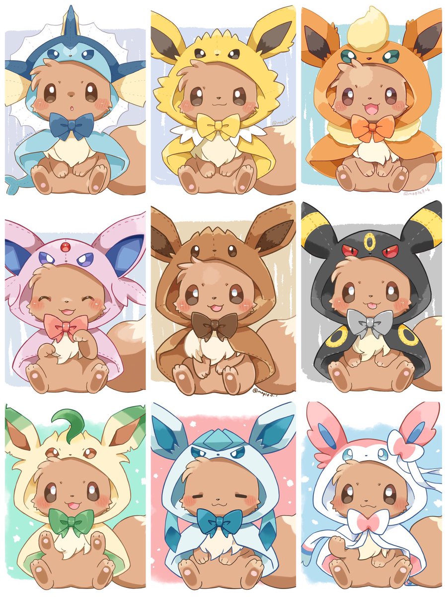 eevee ,espeon ,flareon ,glaceon ,jolteon ,leafeon ,sylveon ,umbreon hood up hood smile no humans closed mouth closed eyes open mouth  illustration images
