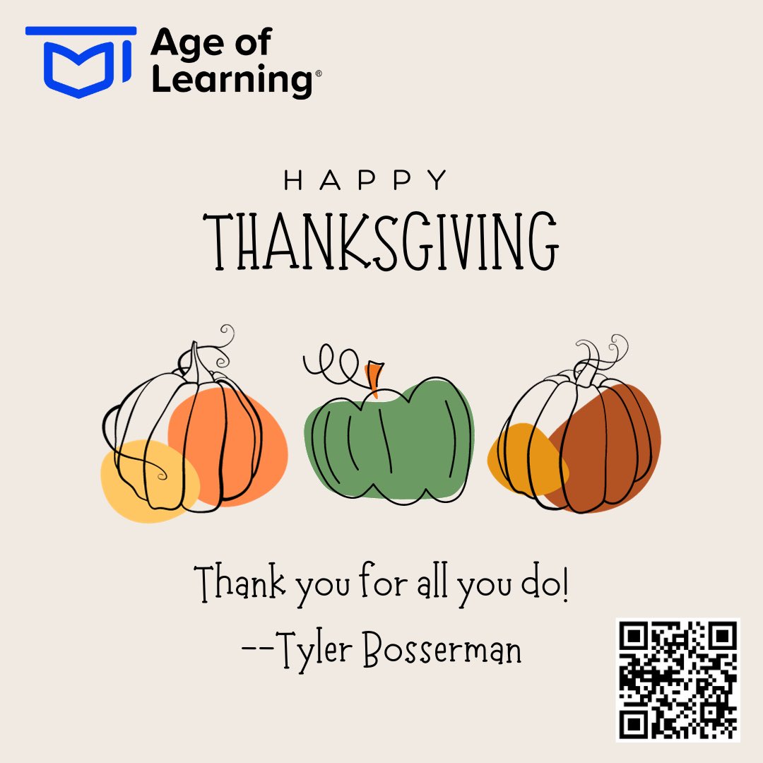 Tyler Bosserman (@tylerbosserman) on Twitter photo Happy Thanksgiving! I feel lucky to be able to help children develop a lifelong love of learning!
<a href="/AgeofLearning/">Age of Learning</a> Happy Thanksgiving! I feel lucky to be able to help children develop a lifelong love of learning!
<a href="/AgeofLearning/">Age of Learning</a>