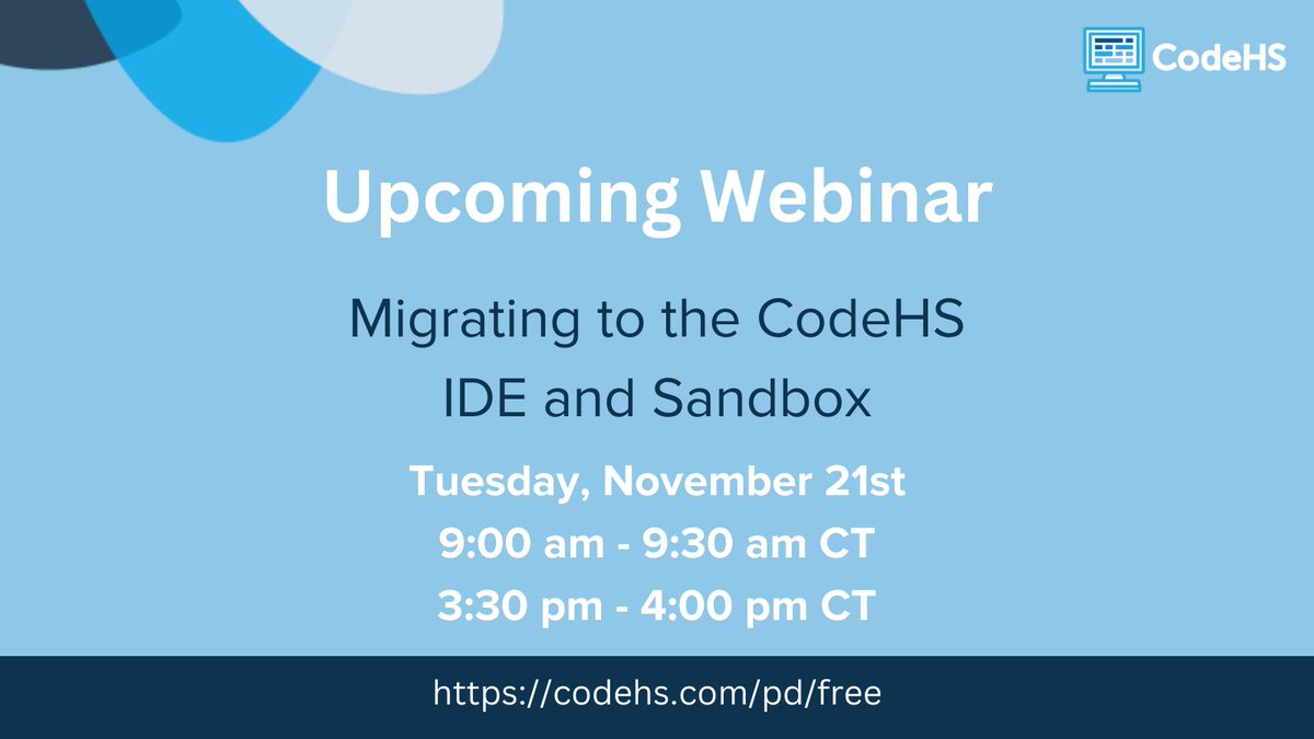CodeHS's tweet image. #Replit EDU users, do you need to migrate your projects to a new IDE? Join us tomorrow at 9am or 3:30pm CT for our webinar on migrating your student projects to the CodeHS #IDE & Sandbox. Can’t make it live, register to receive the recording. buff.ly/3yr4urn #cs #csed