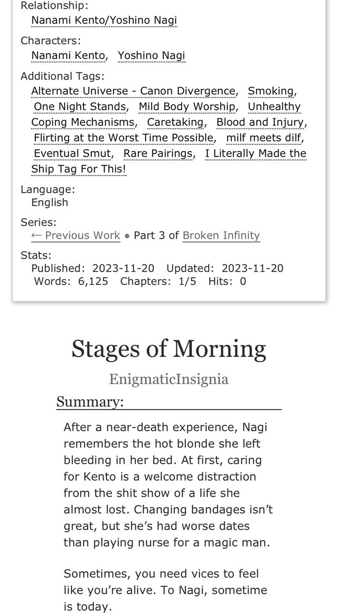 It’s #jjkrarepairweek’s second day! The NSFW theme for the day was ‘Body Worship’

Chapter one of the longer fic can be found here: archiveofourown.org/works/51728653…

The pairing is Nanami Kento / Yoshino Nagi (Junpei’s Mom) and it’s my first time making a relationship tag!

<a href="/JJKOasisZine/">Oasis: A JJK Rare Pair Zine 🏝</a>