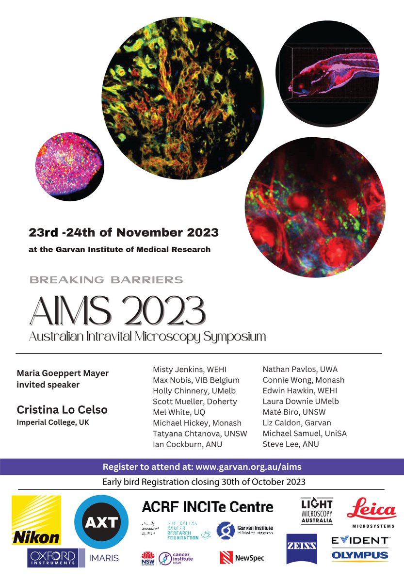 It's almost time for the inaugural Australian Intravital Symposium (AIMS) 2023
This Thursday - Don't miss out!

Register here: garvan.org.au/aims

See you on Thursday!
 
@GarvanInstitute @CancerEcoGarvan @Timpson_Lab @LabPhan @LightMicroAus #Intravital #Microscopy