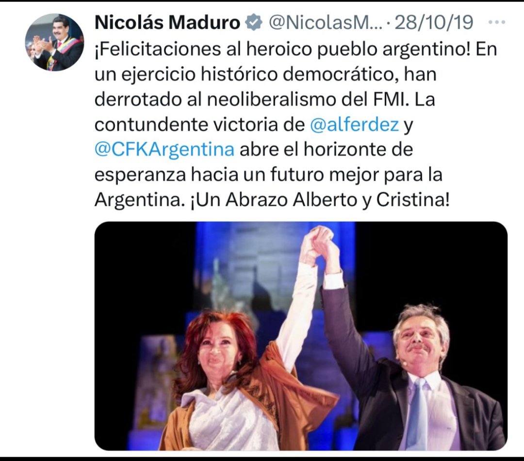JoseGregory22's tweet photo. ¿Qué pasó @NicolasMaduro el pueblo argentino no merece hoy una felicitación por su ejercicio histórico democrático? ¿Por qué tanto silencio? https://t.co/nHRw6or9jE