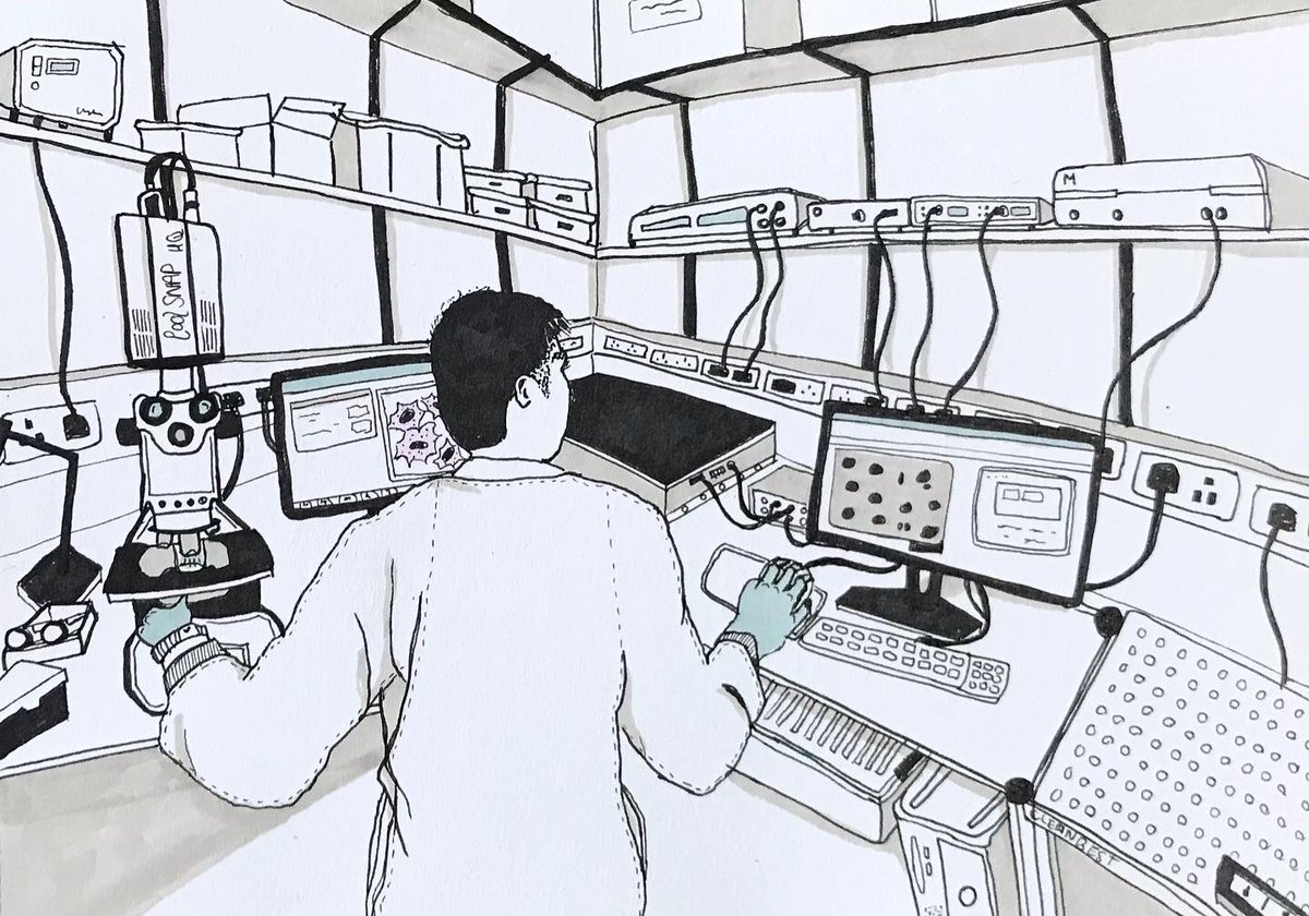 samlittler282's tweet photo. Sketches of the lab 👩🏻‍🔬

🧫 Sketch 1 - Me checking how my #ovariancancer patient cells are growing. 
🔬 Sketch 2 - Anthony imaging cancer cells on a microscope. 

I’ll be coming up to my 10th year of working in @Prof_S_Taylor’s lab @OfficialUoM 💜 How time flies! https://t.co/bNd0HoeIM9