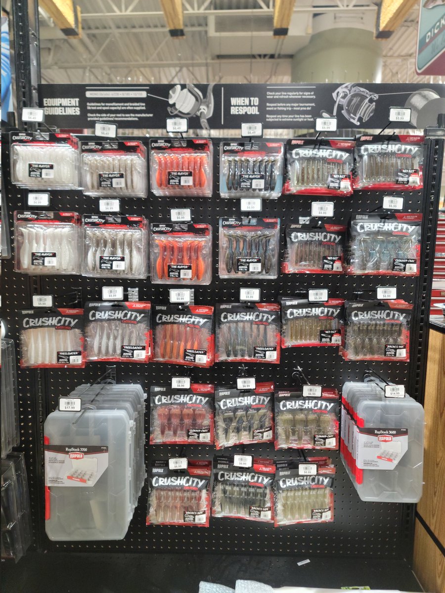 (Dicks sporting Goods)For my freshwater fanatics. BRAND NEW RAPALA BAITS!!!!  Brand new soft plastics for drop shot, compact swim baits, ned rigs and old reliable craws. Along with that we have Rap stack tackle trays sizes 3600 and 3700. Come get some!!!!