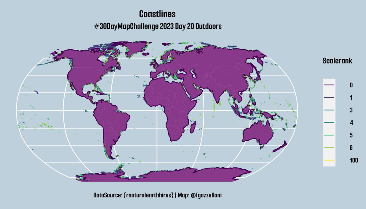 FGazzelloni's tweet photo. #30DayMapChallenge 2023 #day20 Outdoors: Coastlines
Scalerank of Global Coastlines
Data: {rnaturalearthhires}
Tool: #R
#rspatials #rstas #datascience #maps #spatials https://t.co/ose4K8sxEk