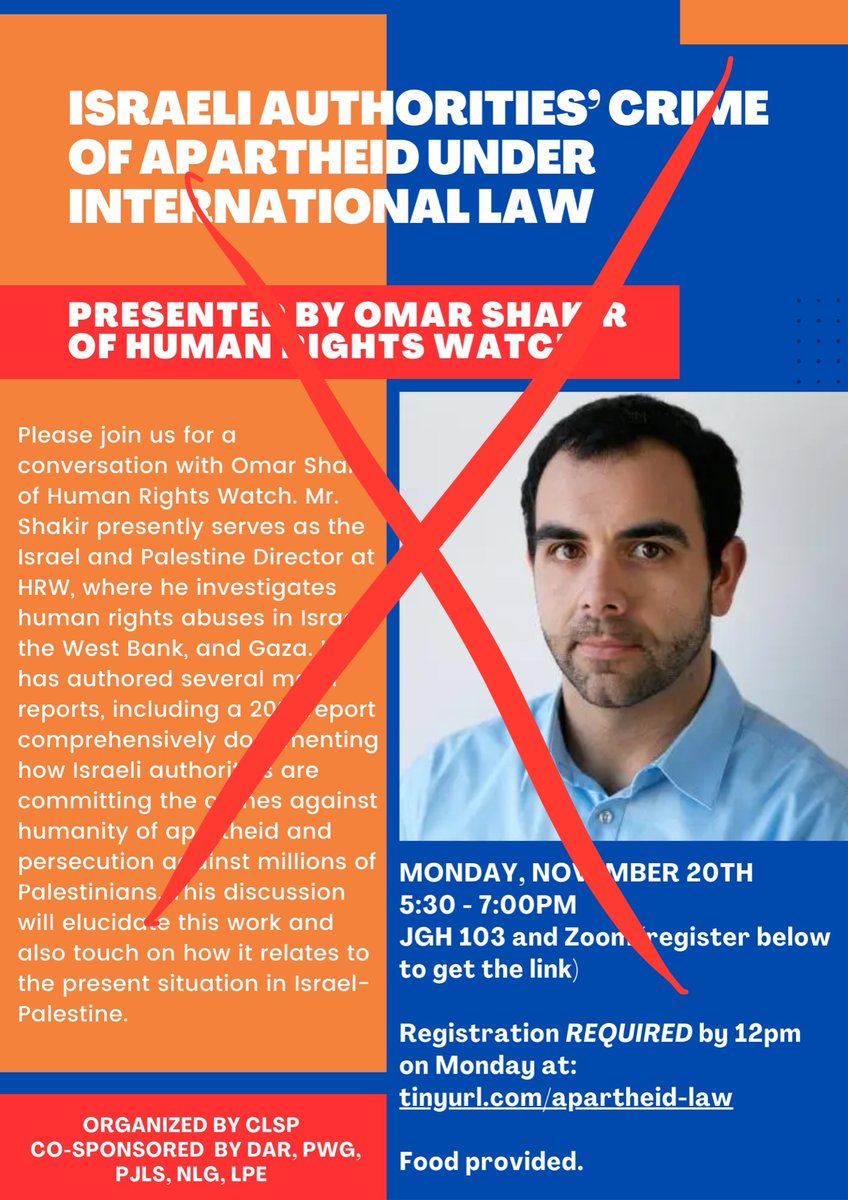 1 hour before this event with <a href="/OmarSShakir/">Omar Shakir</a> of <a href="/hrw/">Human Rights Watch</a> was to take place at <a href="/ColumbiaLaw/">Columbia Law School</a>, the student organizers were told that the event was cancelled by the University, for failure to comply with a new event policy.