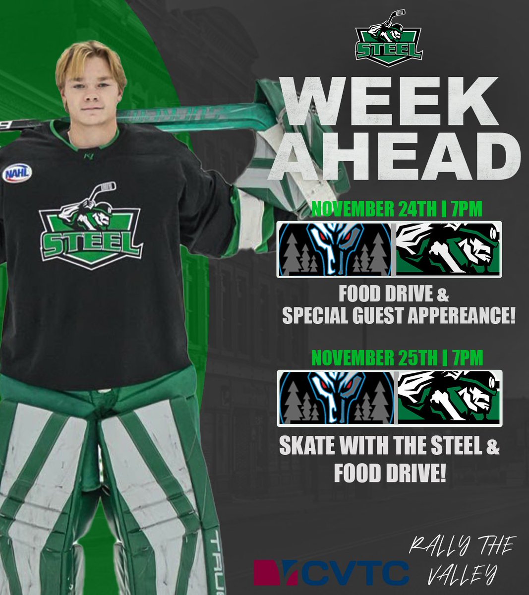 ChippewaSteel's tweet photo. WE’RE BACK HOME THIS WEEKEND STEEL FANS!! 🦃

#rallythevalley https://t.co/0obuPoVwMQ