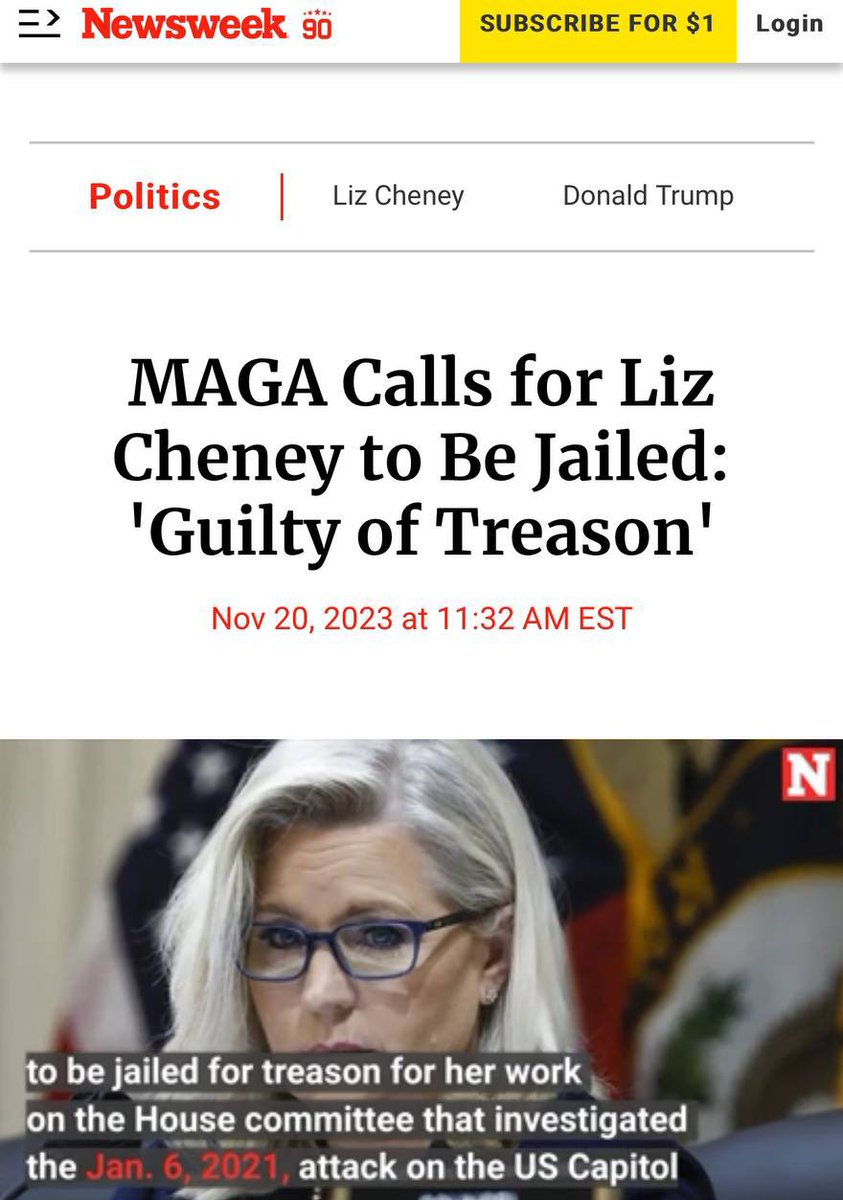 Supporters of former President Donald Trump are calling for former U.S. Representative Liz Cheney to be jailed for treason for her work on the House committee that investigated the January 6, 2021, attack on the U.S. Capitol. 

newsweek.com/mega-calls-liz…
