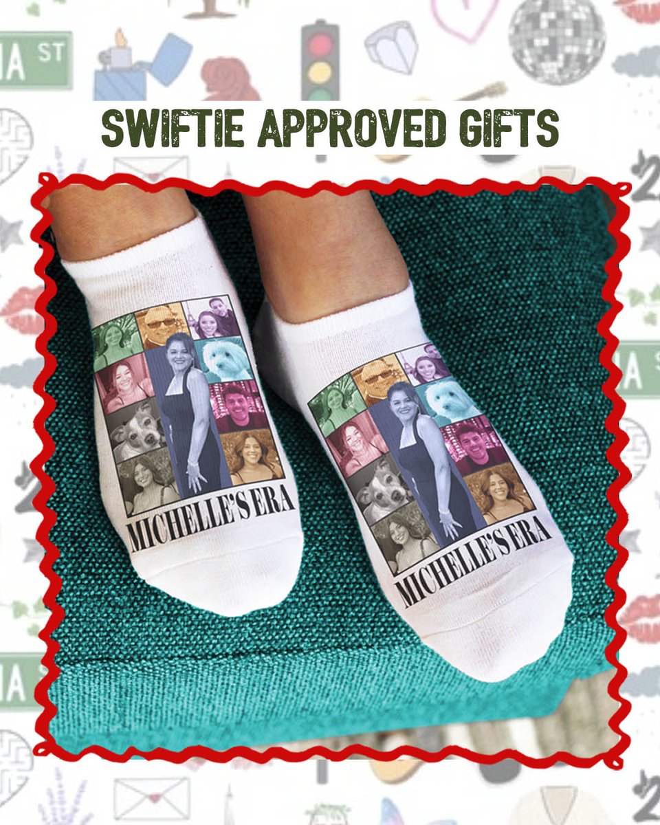 #Swifties rejoice! Your personalized era gifts are here! Take a peek at Michelle's Era socks with photos of her cherished family (pets included, of course!) 😍 Ordering is swift & easy - upload your favorite 10 photos and we'll take it from there to create your personal era socks