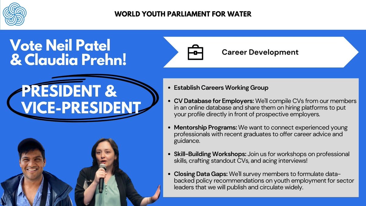 #NeilClaudia Young professionals devote thousands of unpaid volunteer hours to the water sector. One of our top priorities is to help our members secure long-term #paid #career opportunities in the water sector. Check out some of our main goals below!