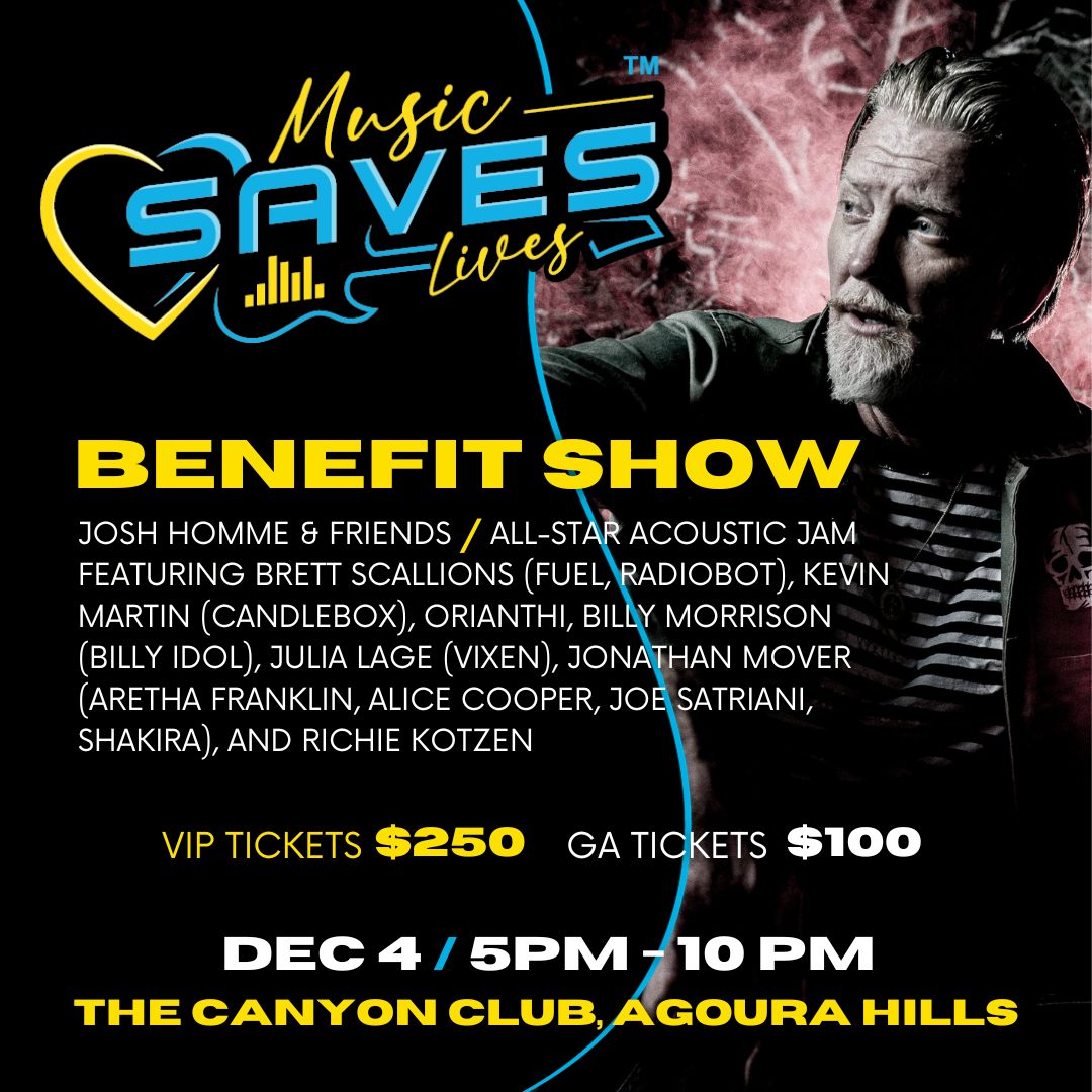 qotsa's tweet photo. Music Saves Lives: All-Star Acoustic Jam
A benefit concert to prevent suicide taking place December 4th at The Canyon Club in Agoura Hills, CA. 

Tickets are on sale now: https://t.co/hBgRfo9UBv

For more information on @SAVEvoicesofedu, visit: https://t.co/EIosN2XTi2 https://t.co/8WDzlbn5zD