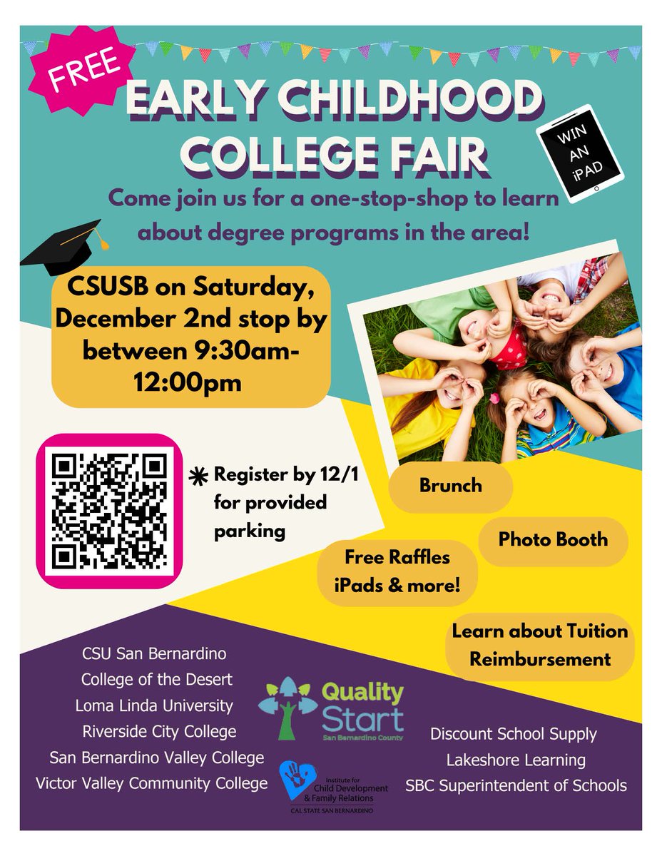 QualityStartSBC's tweet photo. If you have or are interested in a career in early education, RSVP for the free Early Childhood College Fair at Cal State San Bernardino on 12/2/23. Attendees will experience a one-stop shop to learn about degree programs from local 2 &amp; 4-year colleges. https://t.co/sxiiyY6wzd https://t.co/n3qkFZI54l