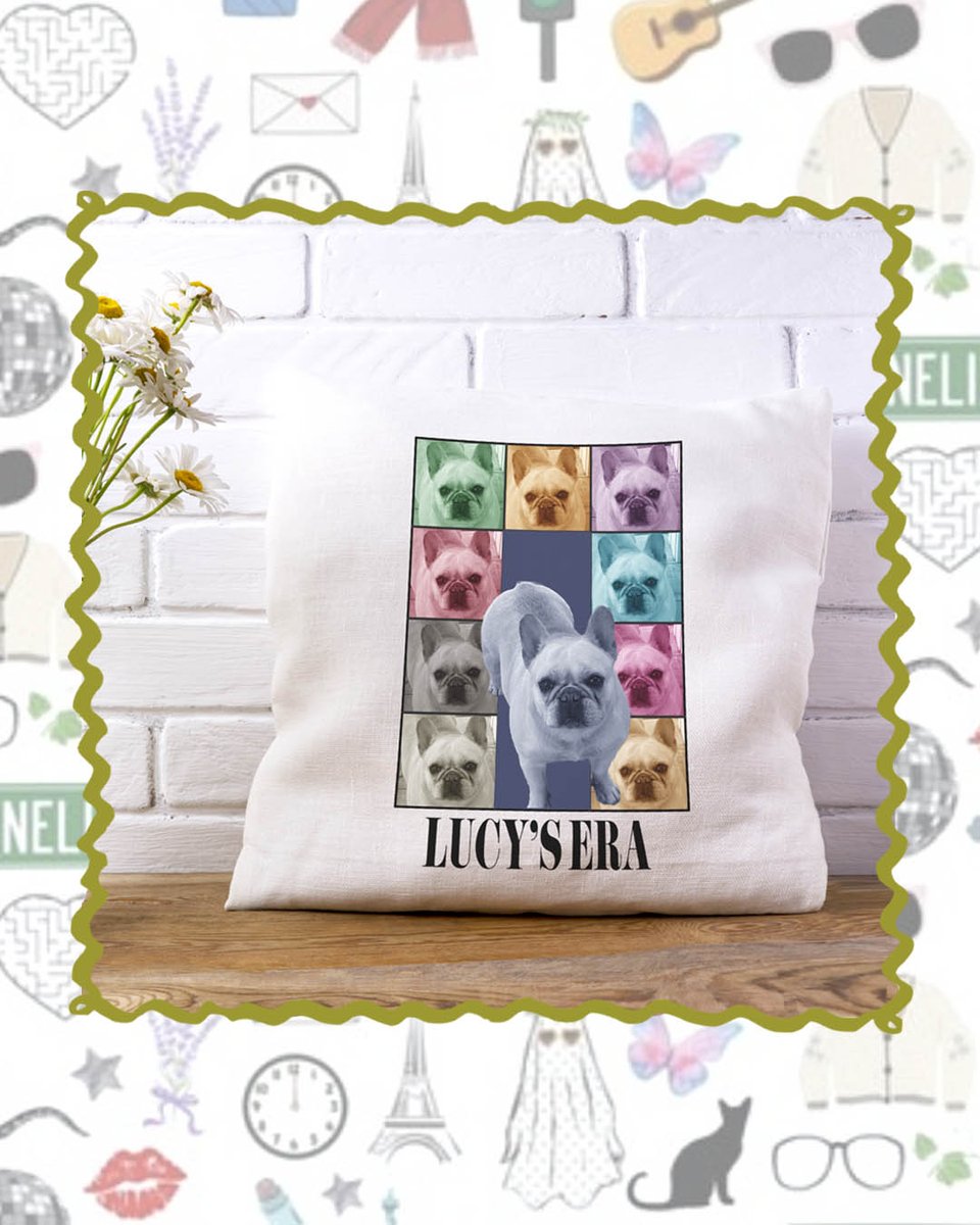 More inspiration by #taylorswift! How cute is Lucy's Era on a custom printed throw pillow? Adorable and fun! Our design and customer service team is happy to help answer any questions you may have. Get your photos ready for #swiftie gift-giving! 😍