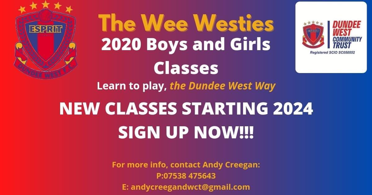 ⚽🔴🔵2020's WEE WESTIES CLASS🔵🔴⚽
‼️SIGN UP NOW‼️

We are delighted to announce our Wee Westies classes for boys and girls born in 2020 will be starting early in 2024. 

If you'd like to sign your child up please complete the form below 👇🏻

forms.gle/WAZYDP11cZKh41…