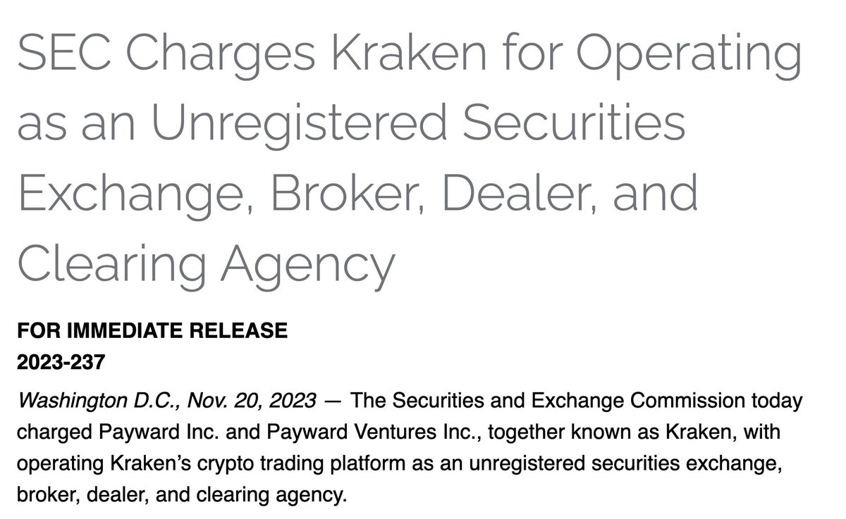 The SEC coming after Kraken now.

The crime?

Being a crypto exchange.

This is the 2nd time this year - Kraken was already extorted for $30m in penalties by the SEC earlier this year.

They are trying to kill crypto in the U.S.

Absolute sham of a regulator.