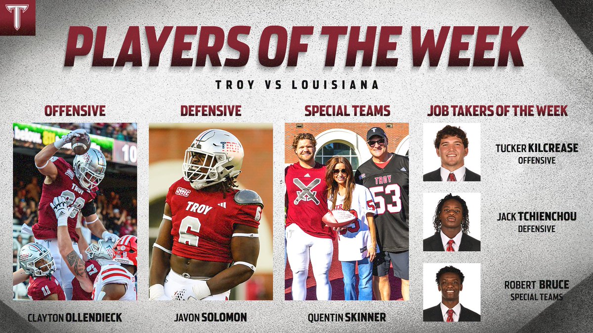 Congrats to our Players of the Week from the win over Louisiana 🫡

#RiseToBuild | #OneTROY ⚔️🏈