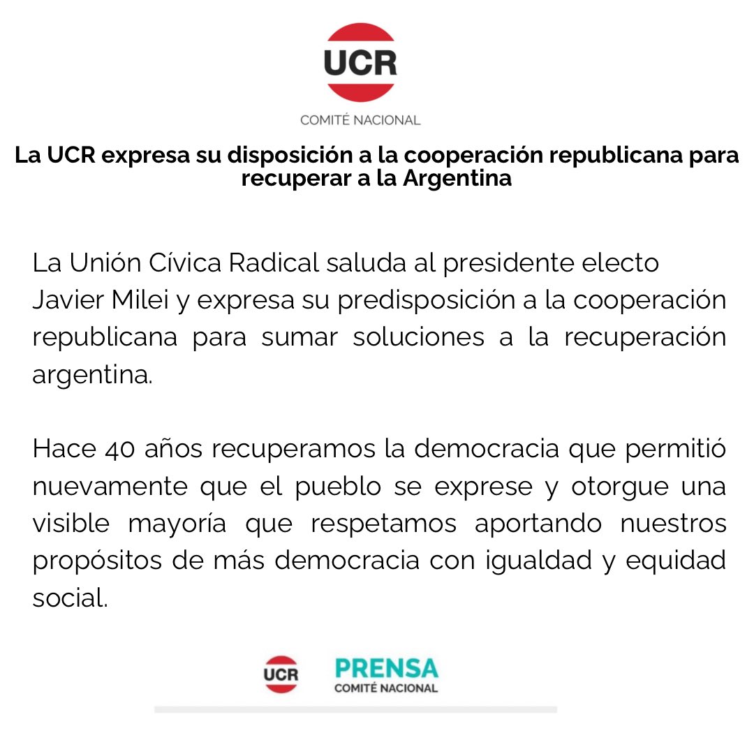 UCRNacional's tweet photo. La UCR expresa su disposición a la cooperación republicana para recuperar a la Argentina. https://t.co/KwDkHA5GaK
