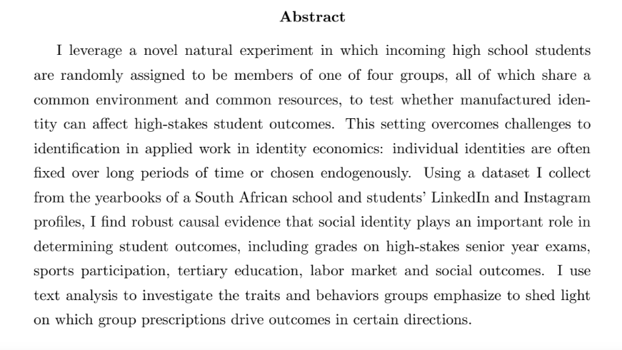 jenniferdoleac's tweet image. Allegra Cockburn

JMP: "The Gryffindor Effect: the effect of manufactured identity on student high-stakes outcomes"

Website: sites.google.com/view/allegraco…