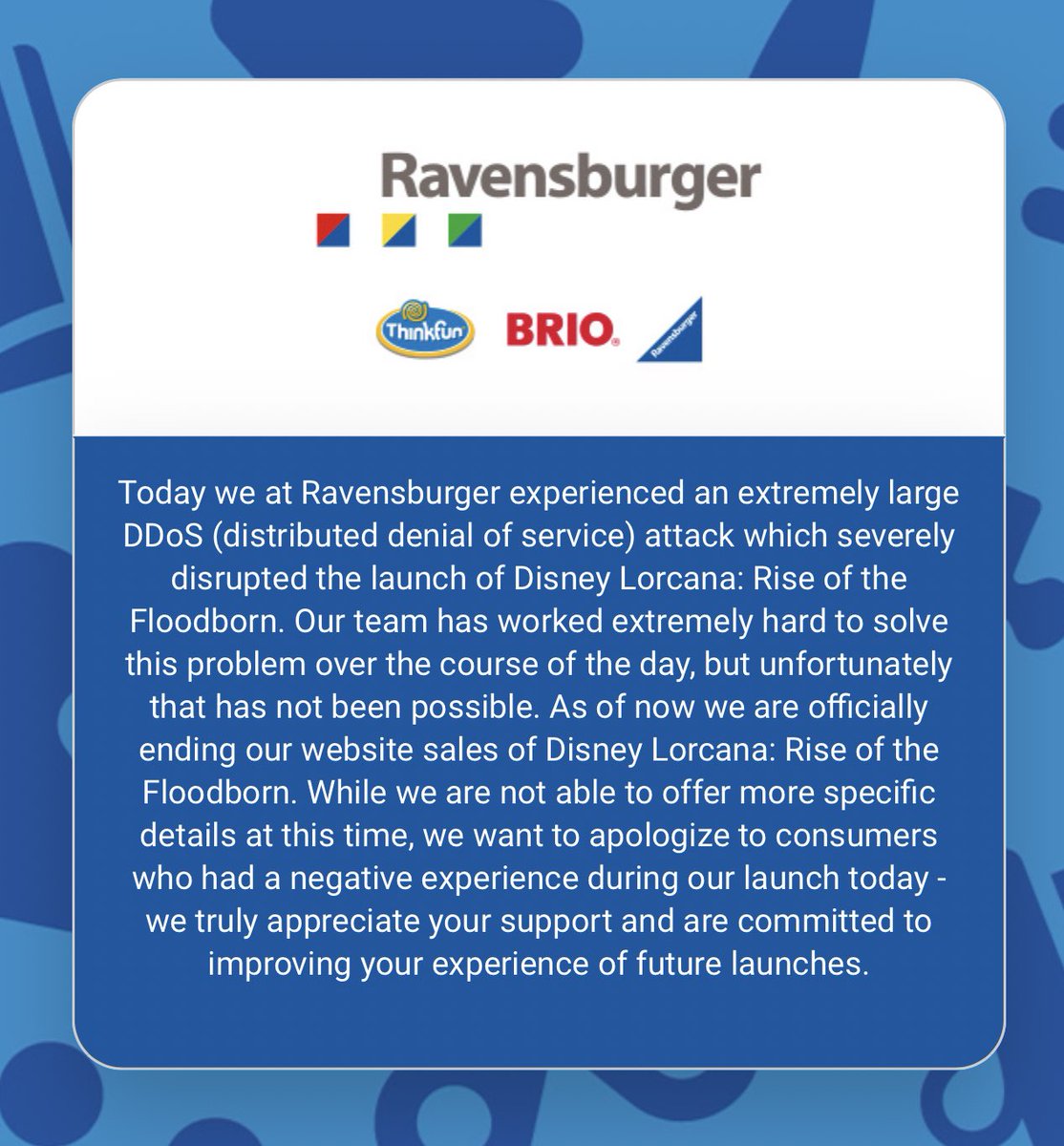 Lmao what a garbage. Waited 9 hours for this which I was under 200 in queue but after the 1st pause due to “reasons” which put me over 2000 after resuming. I technically should have gotten my chance🗑️ <a href="/RavensburgerNA/">Ravensburger North America</a> <a href="/DisneyLorcana/">Disney Lorcana</a>