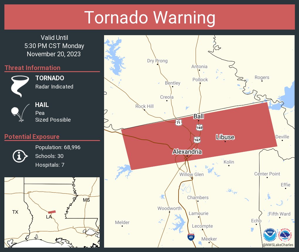 Tornado Warning including Alexandria LA, Pineville LA and Ball LA until 5:30 PM CST