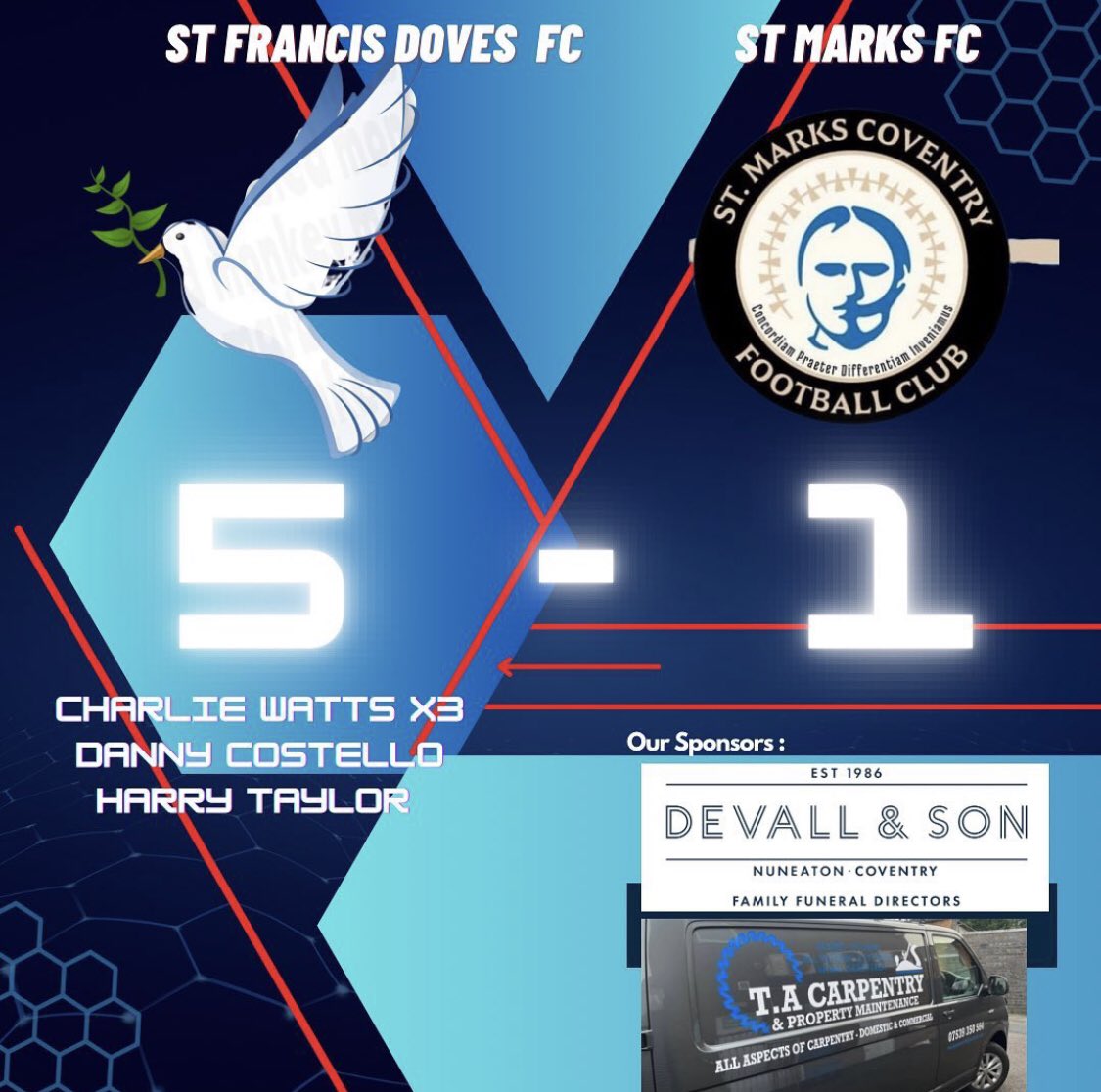 StFrancisDoves_'s tweet photo. With Saturday’s fixture called off, I present our last result on 11th November. Playing at home on a boggy pitch, we faced St Marks. Whom we have never beaten.

A Charlie Watts hat-trick 🎩 blasted St Marks back to Coventry after a very physical affair.

A great win! ❤️🕊️❤️🕊️ https://t.co/Ols7sDt9s8