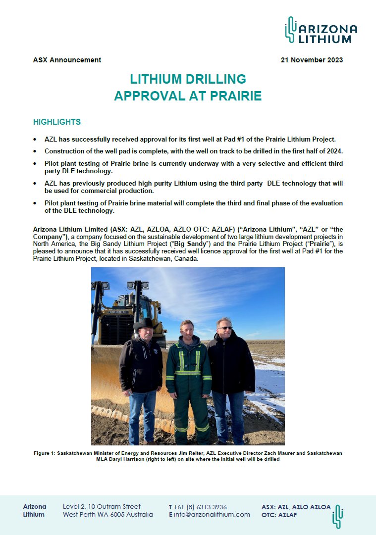 61Financial_AU's tweet photo. Arizona Lithium Limited (#ASX: $AZL)  has successfully received well licence approval for the first well at Pad #1 for the Prairie Lithium Project, located in Saskatchewan, Canada. Pilot plant testing of Prairie #brine is currently underway.
#lithium #battery #stocks https://t.co/jXh0wbJQtD