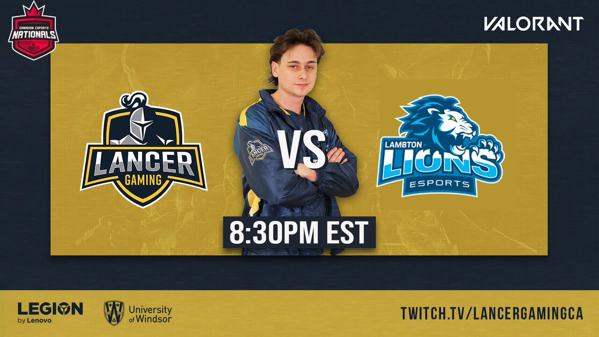#LancerVAL kickoff Canadian Nationals 👊

🆚@LambtonEsports 
⏰8:30pm EST

Watch live at:
🔴twitch.tv/LancerGamingCA 

#LanceOnThem | #LancerGaming🤺