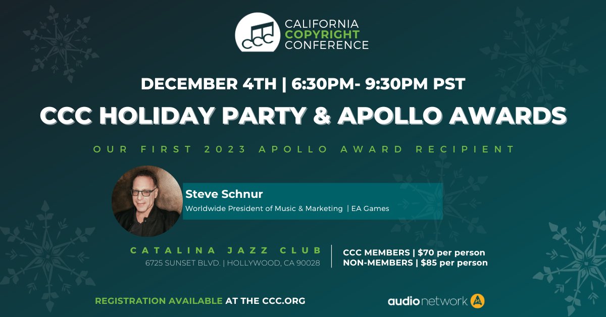 cacopyright's tweet photo. Just announced, our first 2023 Apollo Award recipient, Steve Schnur @schnur, Worldwide President of Music &amp; Marketing at EA Games!  We hope to see you and celebrate in Hollywood on Mon, 12/4 @ 6:30pm PT
https://t.co/6Ubs8EBgpi https://t.co/LkBqVIoF5P