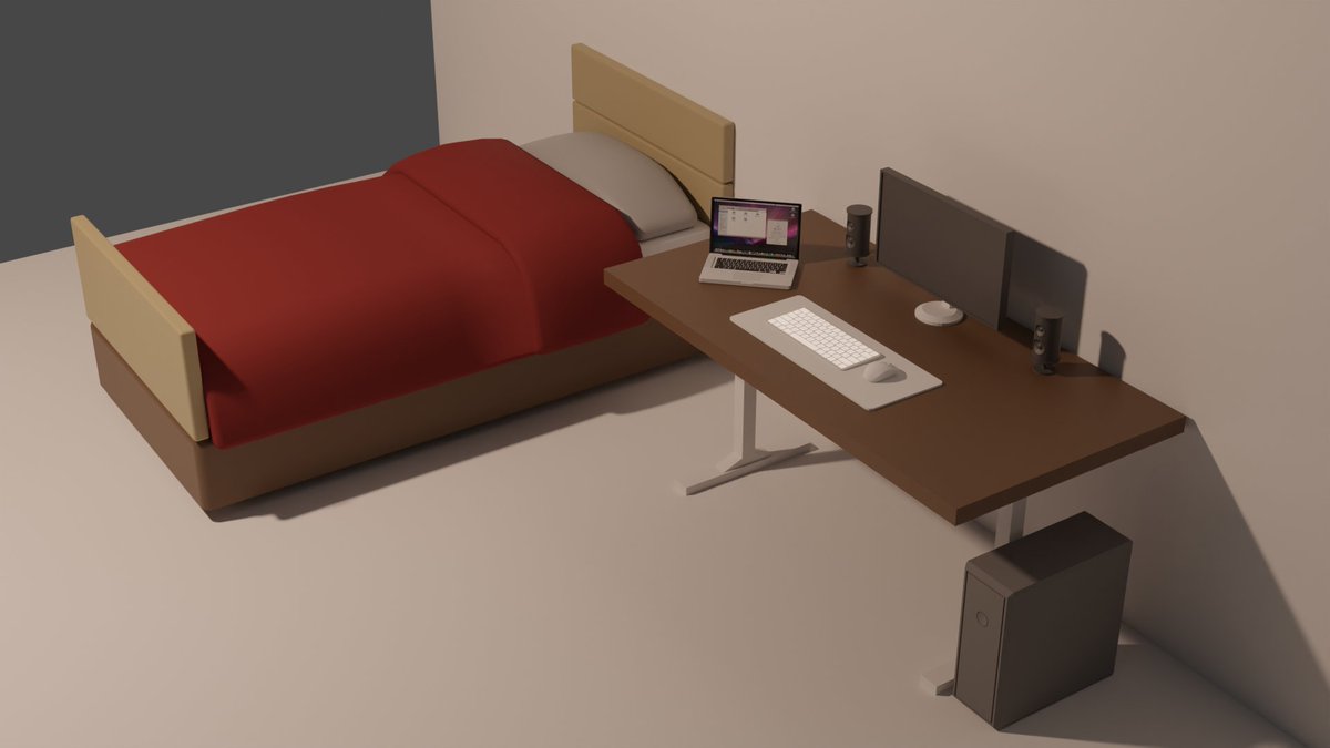 Seguimos avanzando, una camita a la habitación. El edredón súper cutre, pero estaba harto de él ya... #blender #gamedev #indiedev