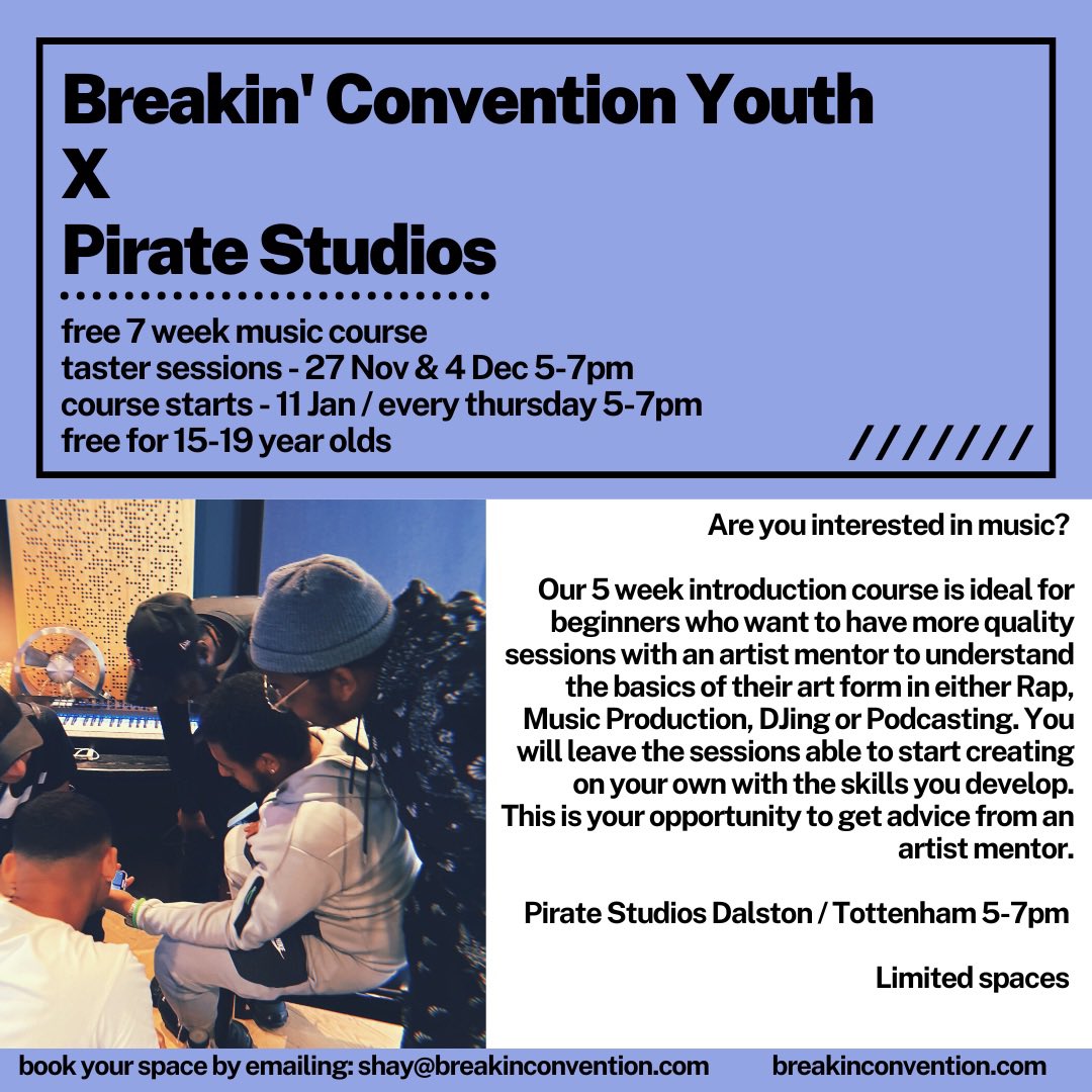 New project with @piratedotcomUK @BConvention @Sadlers_Wells for 15-19 year olds. Back to basics in DJ, Radio, Rap & Production. Free. Starts Monday: forms.gle/Fxha2njhSxCDMu… Rt / share opportunity if you have YP following ❤️