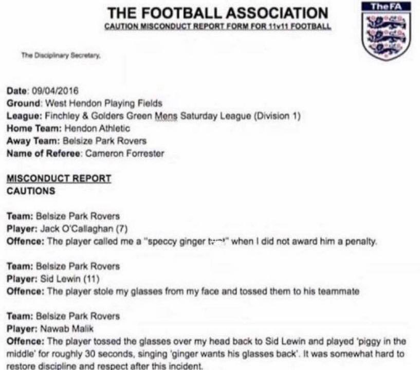 A referee report from a Sunday league game back in 2016 🤣🤣