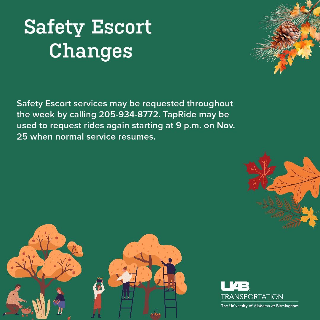 Be advised that UAB alters some transportation services for the Thanksgiving holiday! 🍁 🦃 

Medical center employees with permits in the Express parking lots should follow the normal holiday parking plan and use the 6th Avenue Parking Deck.