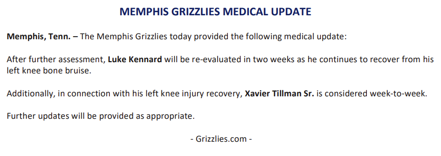 GrizzliesPR's tweet photo. The @memgrizz announced the following medical update: https://t.co/9dXodhJnBO