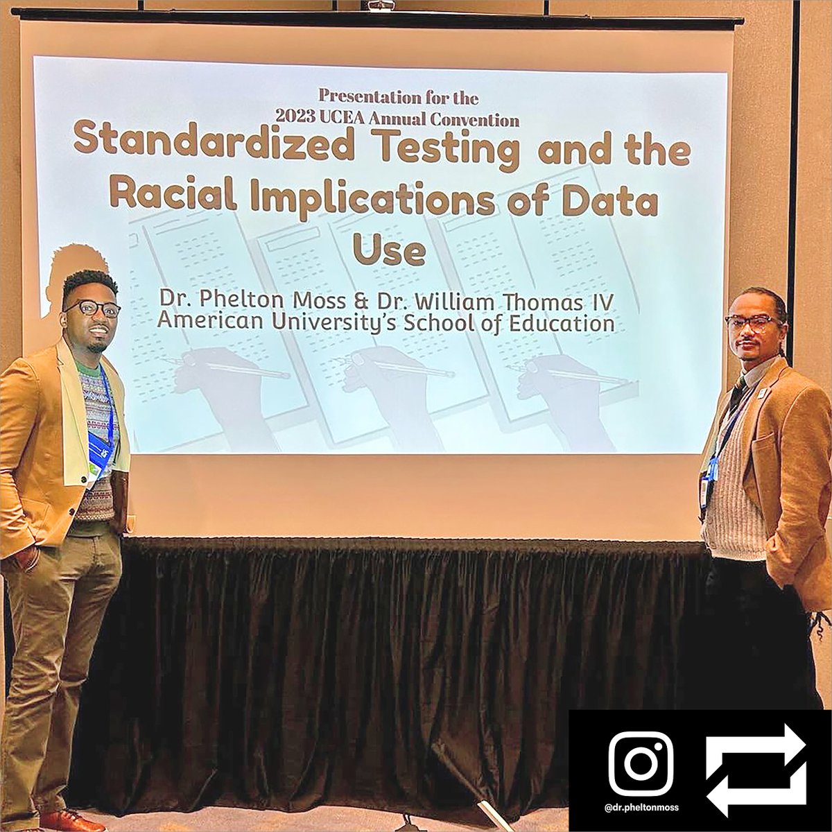 BakerSchoolAU's tweet photo. Quality #Leadership Matters > SOE Sr. Professorial Lecturer Dr. @PheltonMoss and Professorial Lecturer Dr. William Thomas, IV presented "Standardized Testing and the Racial Implications of Data Use" at the 37th Annual @UCEA Convention in #Minneapolis. @AmericanU @glyphgraf #event https://t.co/QGbVEXEOBb
