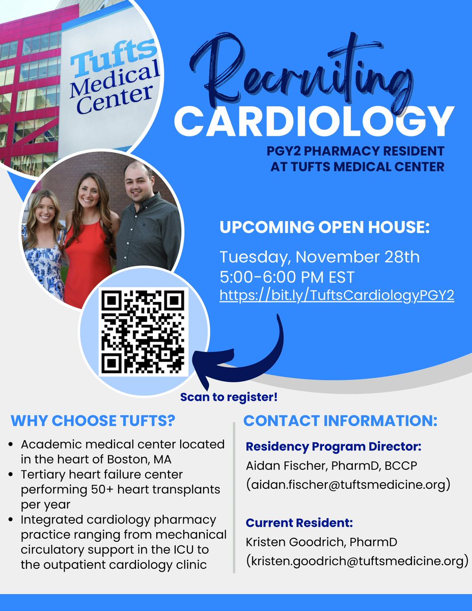 FischerPharm's tweet photo. We're recruiting for a PGY2 cardiology pharmacy resident @TuftsMedicalCtr for next year! We have a virtual open house and info session on 11/28 from 5-6PM EST via Zoom. We have a great and supportive team! Come find out more next week https://t.co/yyngjk5Vvq