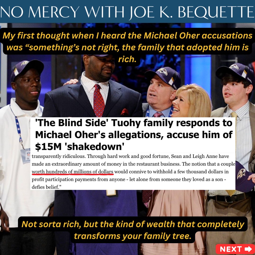 JKB_NoMercy's tweet photo. Going on record to say Michael Oher accusing his 9-figure net worth adoptive parents of stealing his money is the definition of a shakedown.
Actively rooting for the Tuohy’s legal defense to publicly humiliate their ex-son in court.
#Oher #NFL #shakedown #broke https://t.co/nY9HIcyreR
