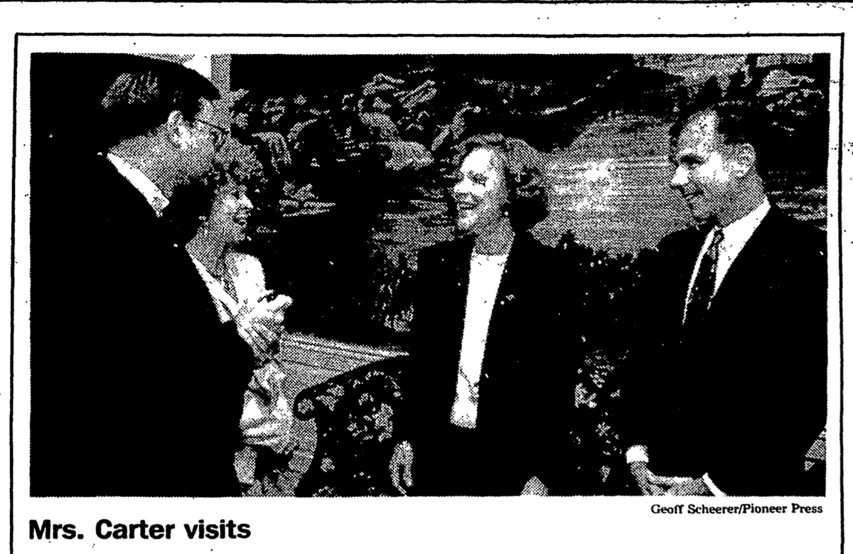 First Lady Rosalynn Carter pictured here (second from right) as she talks with staff at the Orrington Hotel during a visit to #Evanston in June 1993 to attend the graduation of her grandson, Jason Carter, an #ETHS student. RIP First Lady Carter. #RosalynnCarter #firstlady