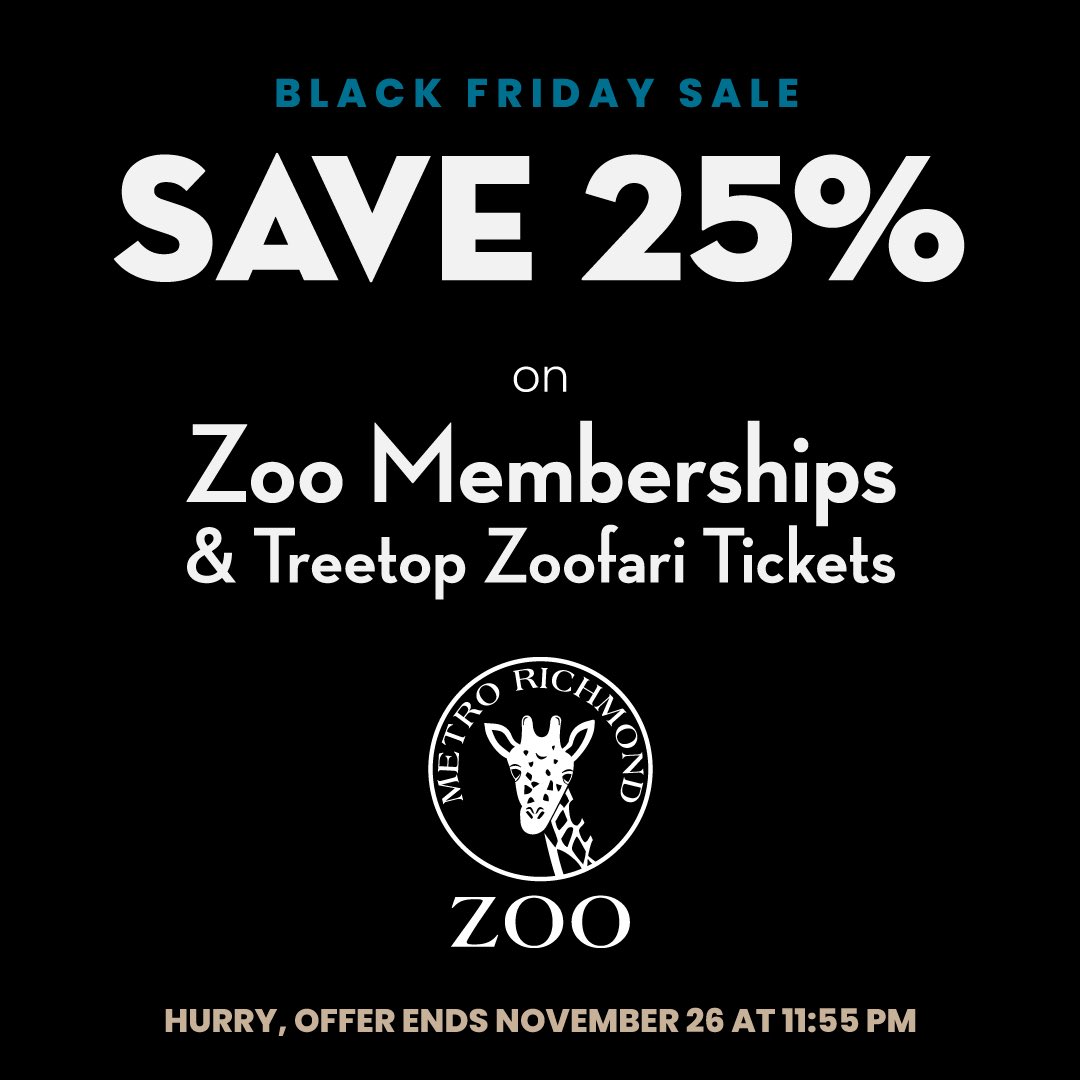Our biggest sale of the year is here! Save 25% on zoo memberships and Treetop Zoofari tickets. Discount applied automatically online. Hurry, offer ends Sunday, November 26 at 11:55 PM. Save now: shorturl.at/xBLMX #metrorichmondzoo #rva #blackfriday